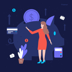 Wall Mural - finance illustration concept with icons and characters. the girl keeps track of finances and makes s