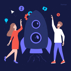 Wall Mural - startup illustration concept with icons and characters. people are happy with the launch of a startu
