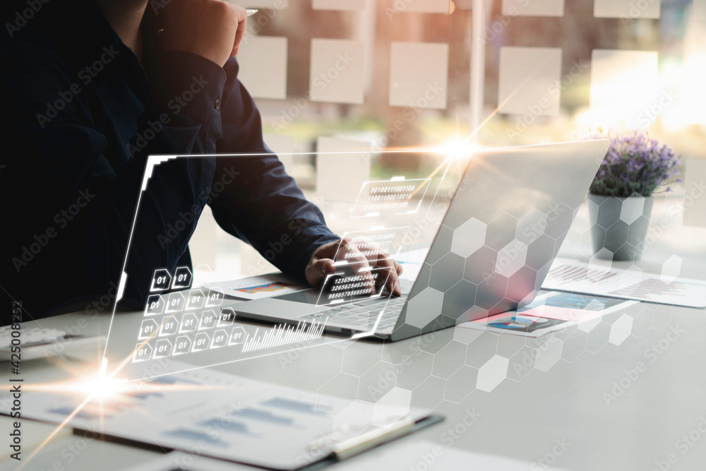Business people analyze data graphs and graphs economic growth ...