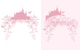 Fototapeta  - blooming spring season tree branches, fairy tale princess castle and flying swallow birds vector silhouette design set