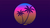 Fototapeta Zachód słońca - classic retro 80s style tropical sunset with palm tree