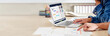 © weedezign - New normal office lifestyle.asian creative designer video conference collaboration with colleagues.live streaming meeting.banner mockup for display of content
