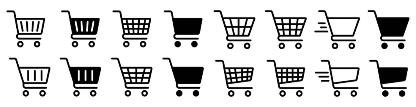shopping cart icon set, full and empty shopping cart symbol, shop and sale, vector illustration