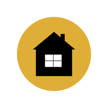 Black House Icon In A Yellow Circle. Travel To A Tourist Destination. Overnight At The Hotel, Hostel. Rental Of Property. Return Home, To The Main Page In The Application, Website. 