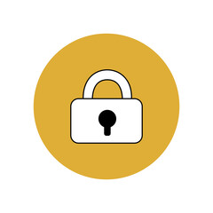 Lock icon. White silhouette symbol with black outline in a yellow circle. System security. Phone screen menu item for applications. Smartphone user interface button. 