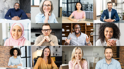 Group of diverse multinational employees discussing business strategy online, colleagues brainstorming on the distance, involved in video conference, video screen with crowd of people profiles