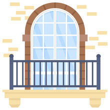 Half Moon Grid Pattren Brick Wall Arched Window Concept Vector Icon Design, Balcony And Window Front View Symbol, House Exterior Design Ideas With Vintage  Classic Balconies Facade Stock Illustration