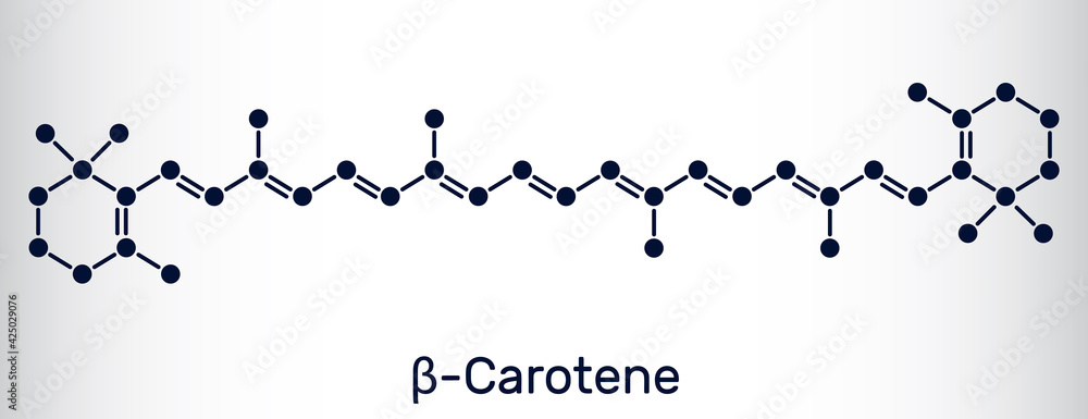 Beta Carotene, provitamin A, is an organic red-orange pigment in plants and fruits. Skeletal chemical formula. - obrazy, fototapety, plakaty 