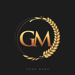 Poster - Initial logo letter GM with golden color with laurel and wreath, vector logo for business and company identity.