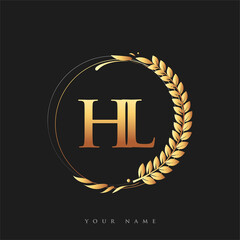 Wall Mural - Initial logo letter HL with golden color with laurel and wreath, vector logo for business and company identity.