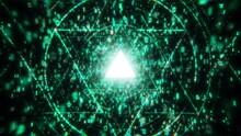 Triangle Green Digital Matrix Core Tunnel Of Binar Lights, Neon Glowing Rays Loop In Motion Into Digital Ai Or Iot Technologic Tunnels. 3D Render