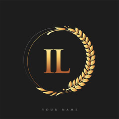 Initial logo letter IL with golden color with laurel and wreath, vector logo for business and company identity.