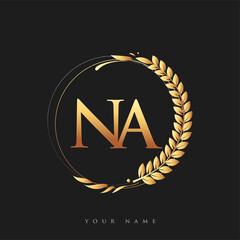 Initial logo letter NA with golden color with laurel and wreath, vector logo for business and company identity.