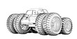 Extreme tuning, vintage car with giant wheels, concept, off road, 3d illustration, 3d rendering