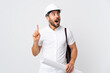 © luismolinero - Young architect man with helmet and holding blueprints isolated on white background intending to realizes the solution while lifting a finger up