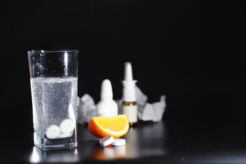 Wall Mural - Composition from Bottles of cough syrup.Healthcare, medicine, flu and treatment concept - paper wipes and thermometer with pills.