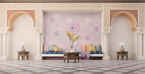 Arabic,Islamic style living room interior design with arch and arabic pattern.3d rendering