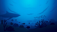 Vector Illustration Of Underwater World Scene With Coral Reefs And Shark In The Deep Blue Ocean .
