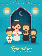 Wall Mural - Ramadan kareem greeting illustration. Cartoon muslim or arab family celebrate festival at home flat design. Vector fanous lantern, mosque, quran book, misbaha tasbih, arab tea set & sweet date fruit.