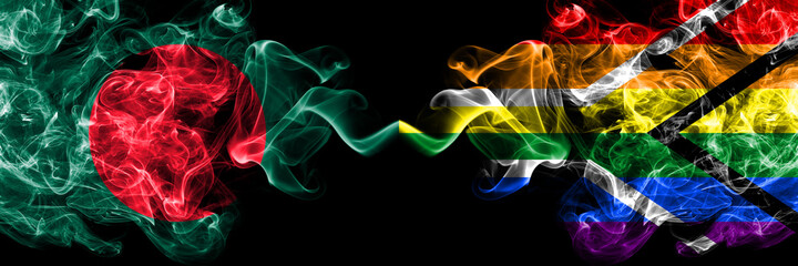 Bangladesh, Bangladeshi vs South Africa, African, gay  smoky mystic flags placed side by side. Thick colored silky abstract smokes flags.