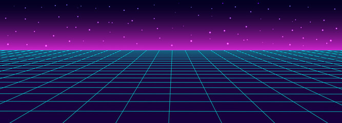 Poster - Retro vector grid with stars. Perspective tile of lines. Detailed vector illustration.