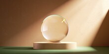 3d Render, Abstract Peachy Beige Background With Sunlight Rays. Modern Minimal Showcase Scene With Podium And Clear Crystal Ball, For Product Presentation