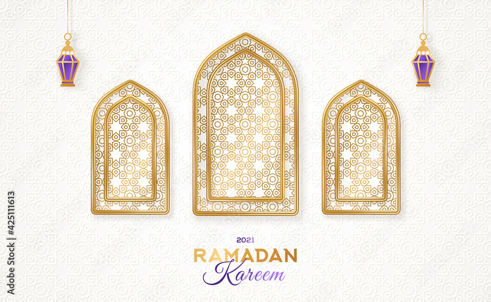 Ramadan Kareem concept poster or banner, gold 3d frame arab windows with beautiful arabesque pattern and hanging lanterns lamp on white background. Vector illustration. Place for your text - obrazy, fototapety, plakaty 