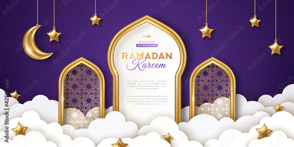 Ramadan Kareem concept banner, gold 3d frame arab window on night sky background, beautiful arabesque pattern. Vector illustration. Hanging golden crescent and stars, paper cut clouds. Place for text - obrazy, fototapety, plakaty 