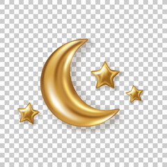 3d gold crescent half moon with glitter stars isolated on transparent background. vector illustratio