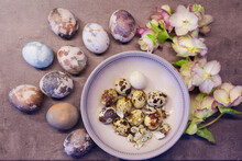 Naturally Colored Easter Eggs With Onion Skin And Hand-painted With Fresh Flowers On Concrete Background