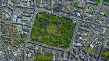 City Of Dublin, St Stephen's Green Park Looking Down Aerial View From Above Square, Bird’s Eye View Dublin, Ireland