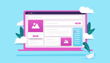 Aufkleber - Computer with abstract website - Laptop in 3d vector style with user interface elements, text, buttons and images. Web design concept.