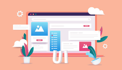 Aufkleber - UI and UX design on computer screen - 3d vector illustration of laptop with user interface and web design elements. Editable mockup.