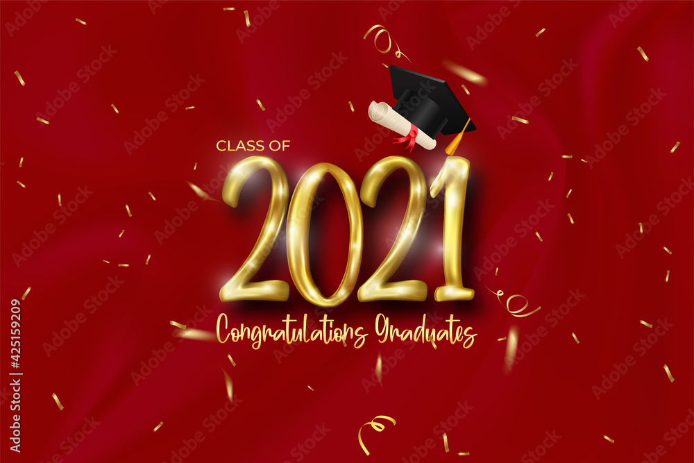 Class of 2021 graduation banner with golden number, confetti, diploma ...