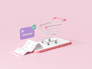 Wall Mural - online mobile shopping concept, shopping on smartphone with transaction credit card. 3d render illus