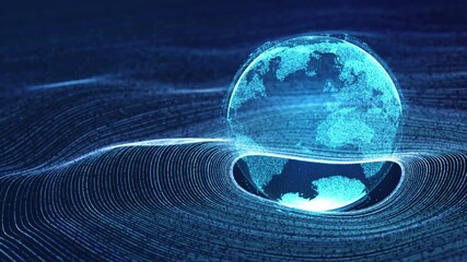 Wall Mural - digital cloud earth floating on neon data circle grid in cyberspace particle wave, abstract 3d rende