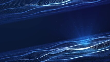 Wall Mural - dynamic circle grid particle wave flowing in blue cyberspace with volumetric spotlight, abstract bea