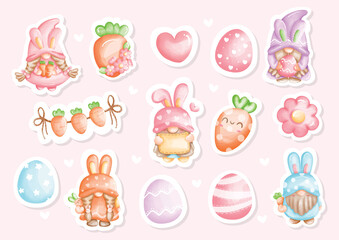 Wall Mural - Watercolor Happy Easter day Stickers with cute gnome and Easter's Elements, Vector illustration. 