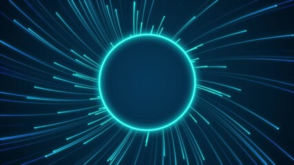 Wall Mural - blue neon glowing circle frame with fast moving particle light ray speed warp, digital hyperspace ci