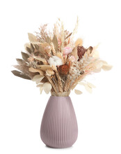 Beautiful Dried Flower Bouquet In Ceramic Vase Isolated On White