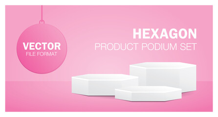 Wall Mural - white hexagon product podium set 3d illustration vector on pastel pink background for putting your object.