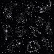 © Natalia - Zodiac signs icons on dark starry background. Shiny zodiac constellations icons