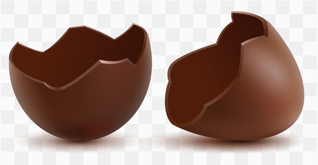 Chocolate egg brown sweet shell two halves isolated on transparent background. Happy Easter