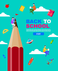 Wall Mural - Back to school, read the book, big pencil, child, kids, social distancing, flat design, vector illustration.