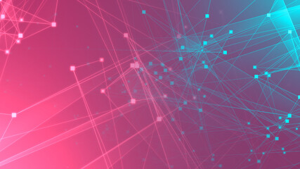 Wall Mural - Abstract pink green polygon tech network with connect technology background. Abstract dots and lines texture background. 3d rendering.