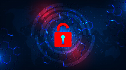 Attack and Information leak concept.Padlock red open on hexagon geometric graphics dark blue.Destruction Virtual 3d vector illustration.