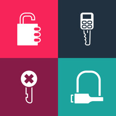 Poster - set pop art bicycle lock, wrong key, car with remote and safe combination icon. vector