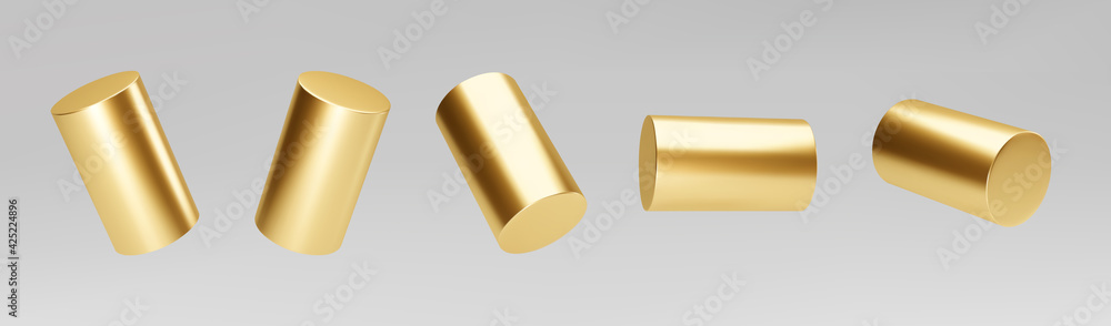 Gold 3d rotating cylinder set isolated on grey background. Cylinder pillar, golden pipe. 3d basic geometric shapes vector - obrazy, fototapety, plakaty 