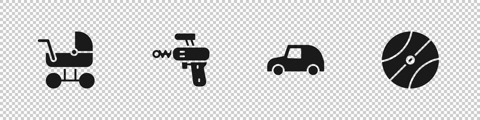 Poster - Set Baby stroller, Ray gun, Toy car and Basketball ball icon. Vector