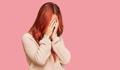 Sticker - Young redhead woman wearing casual winter sweater with sad expression covering face with hands while crying. depression concept.